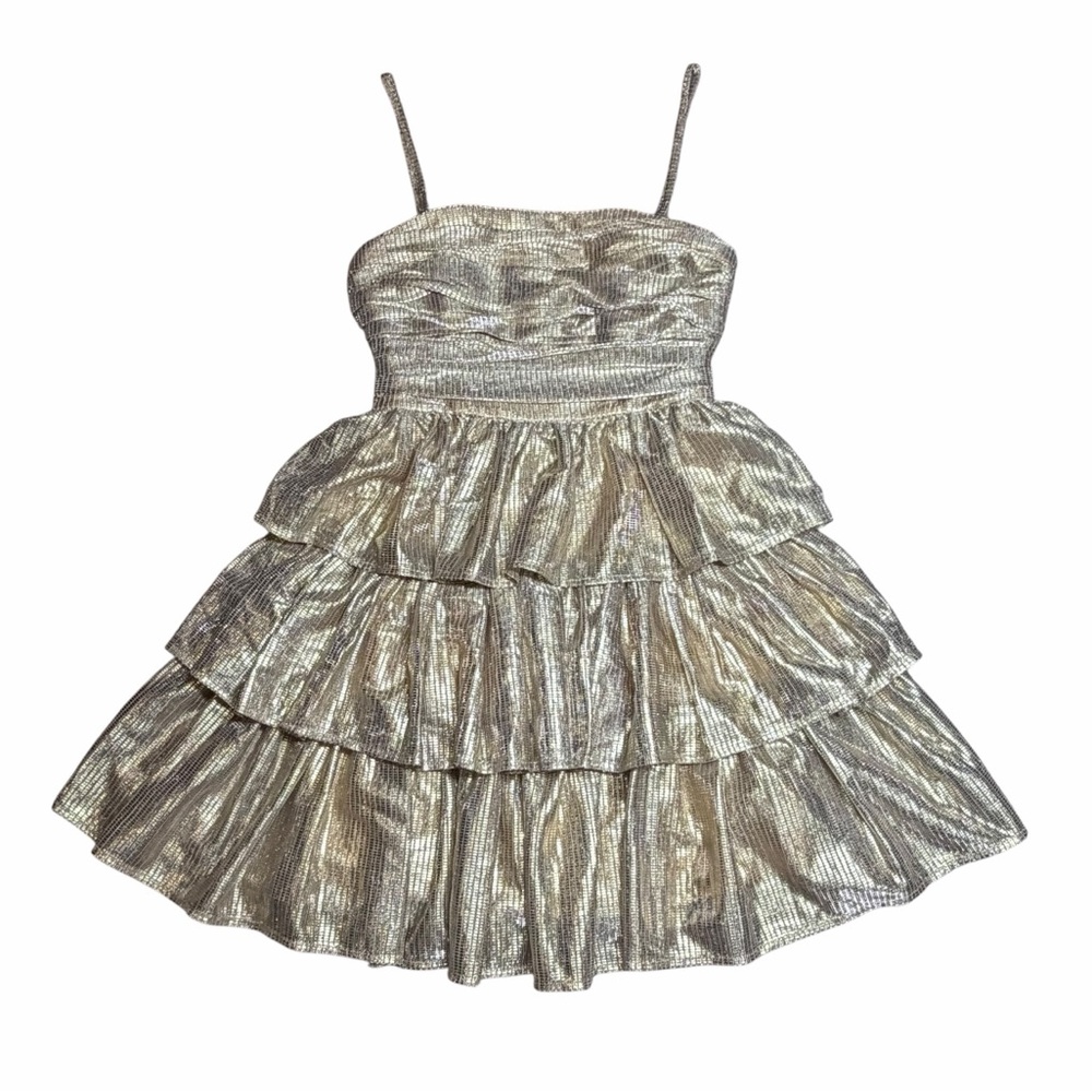NWT Layered With Love Gold Metallic Tiered Ruffle Midi Dress - Size XS - Picture 10 of 15